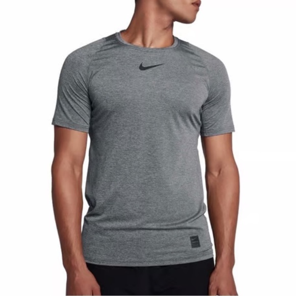 Nike Pro Dri-Fit Men’s Short Sleeve Performance Top Fitted Gray Black Swoosh Lg - Picture 1 of 11